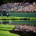 Sean O' Hair, from left, Tiger Woods and Mark O'Meara skip balls on No. 16 during Wednesday's practice round of the 2012 Masters Tournament at Augusta National Golf Club on April 4, 2012, in Augusta, Ga.